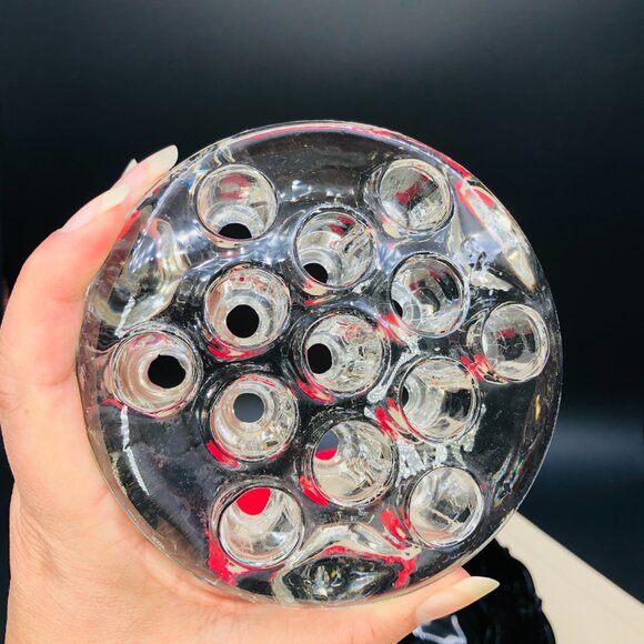 Vintage Black Glass Hobnail Footed Bowl and Clear Glass Flower Frog: Centerpiece - Picture 5 of 12